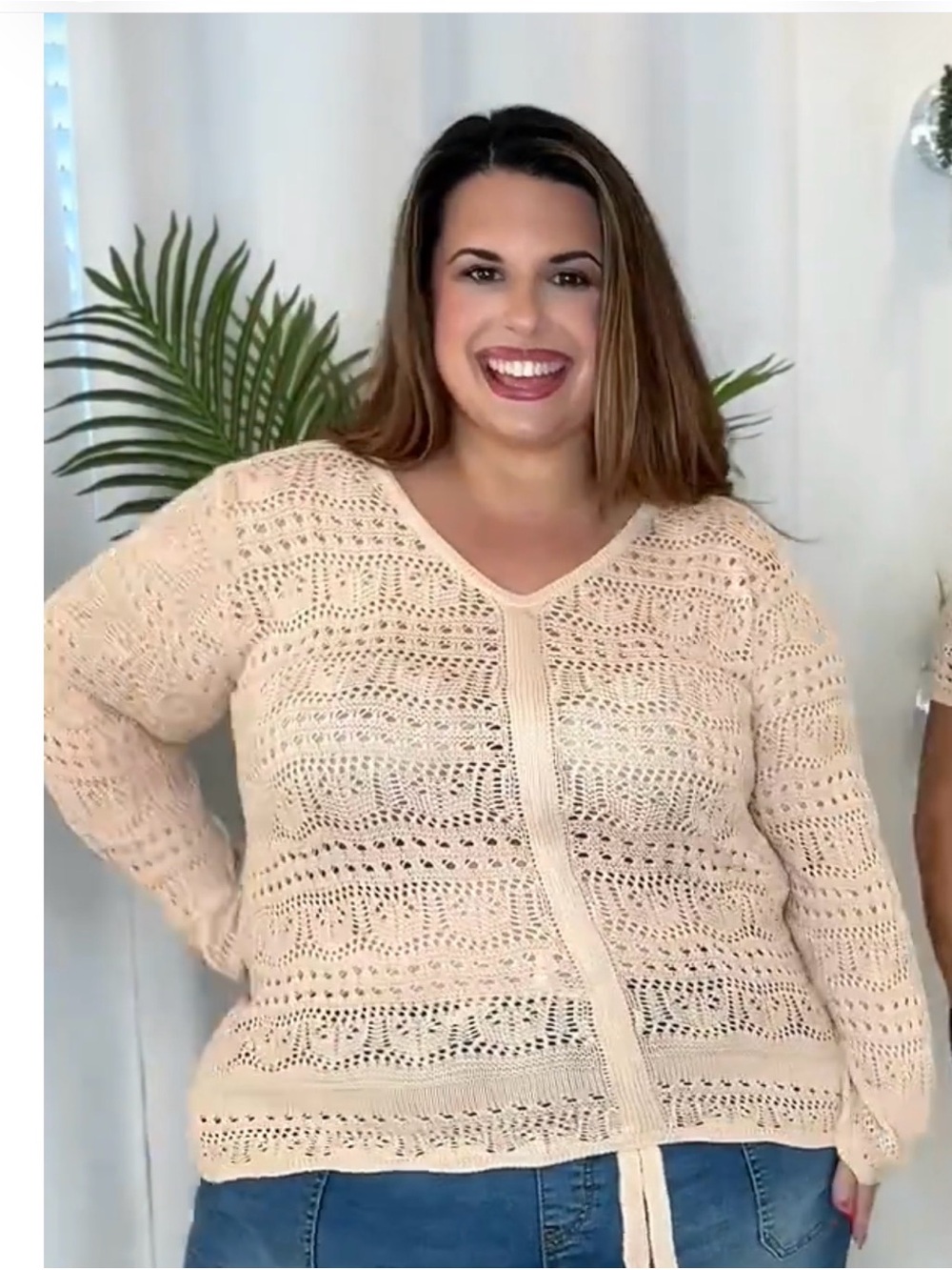 Women's Cream Crochet V-Neck Sweater